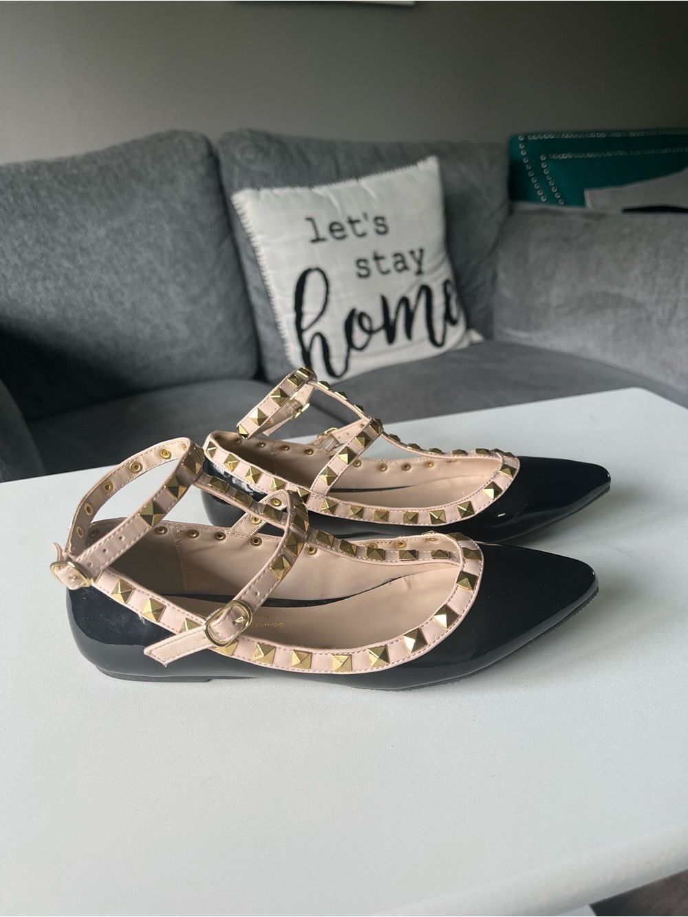 Black Patent and Nude Rockstud T-Strap Flats size 6